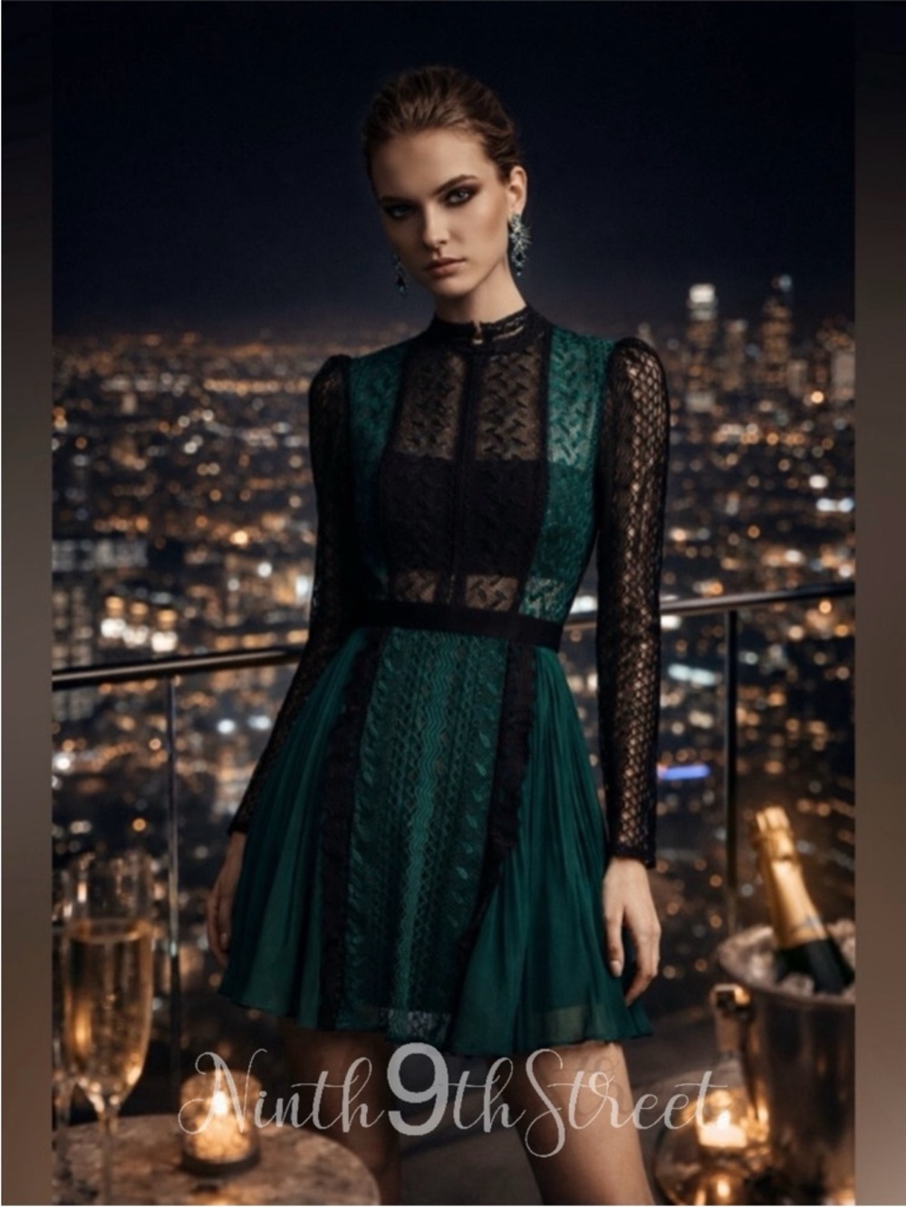 Self-Portrait Green Black Geometric Lace Mini Dress Women’s Size 10